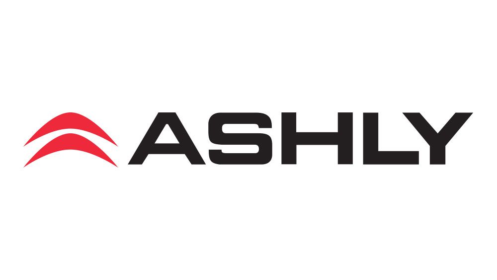 The logo for ashly is black and red on a white background.