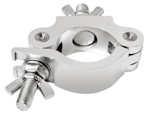 A close up of a metal clamp with a screw on a white background.