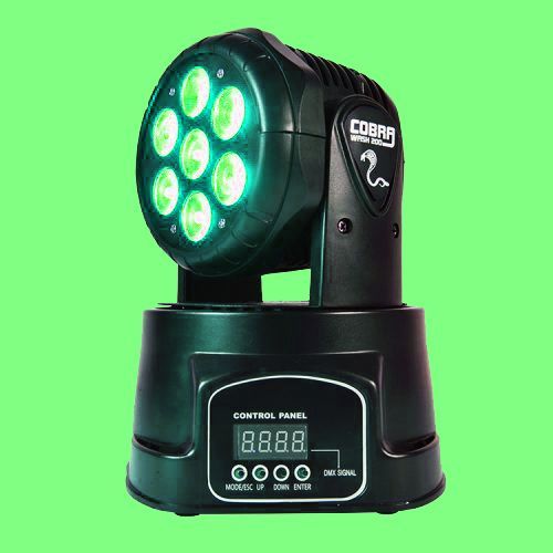 A moving head light with a digital display on a green background.