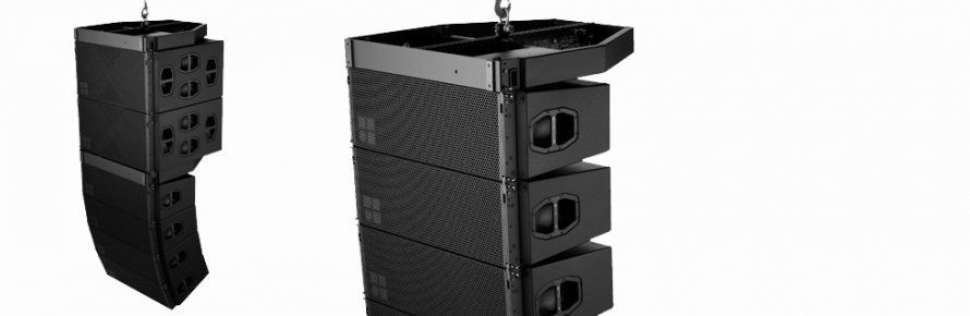 A row of speakers hanging from a ceiling on a white background.