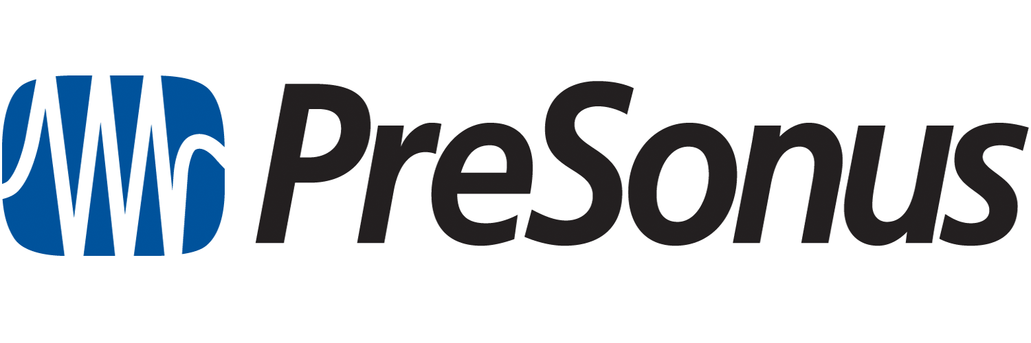 The logo for presonus is blue and black on a white background.