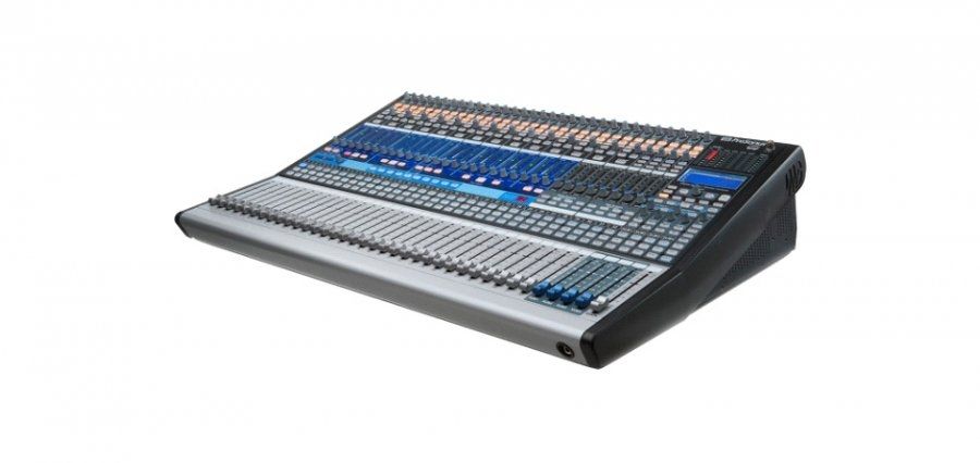 A mixer with a lot of knobs on it on a white background.