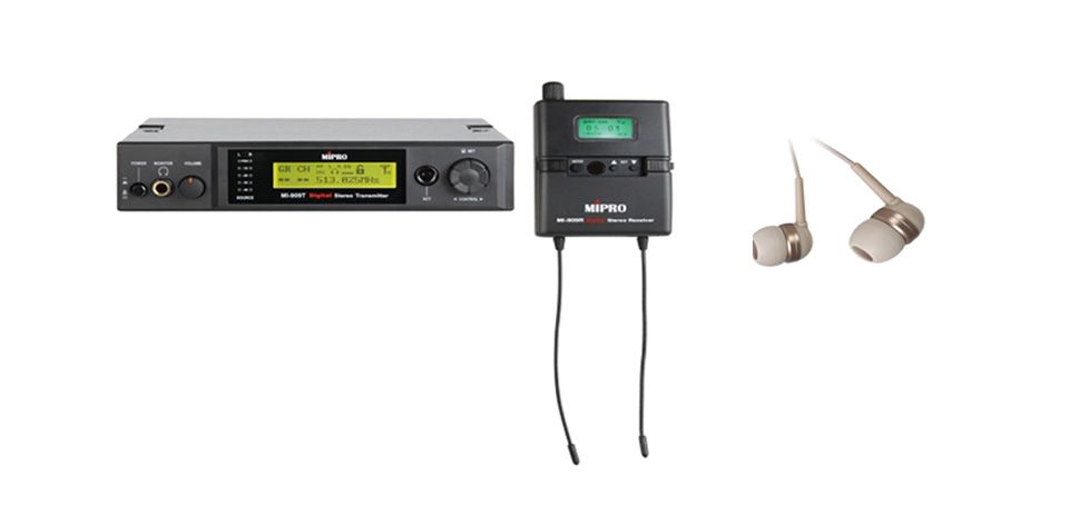 A pair of ear buds and a receiver on a white background.