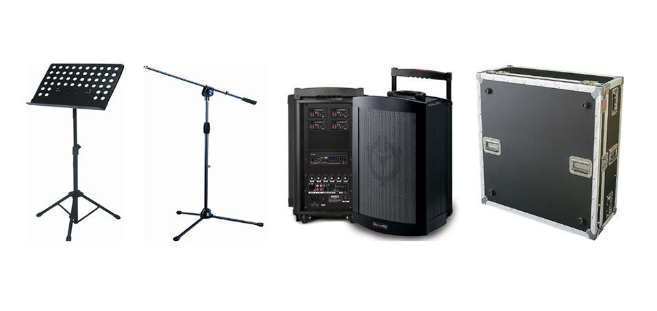 A microphone stand , a speaker , and a case are shown on a white background.
