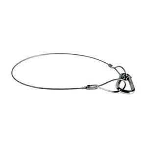 A metal wire with a carabiner attached to it on a white background.