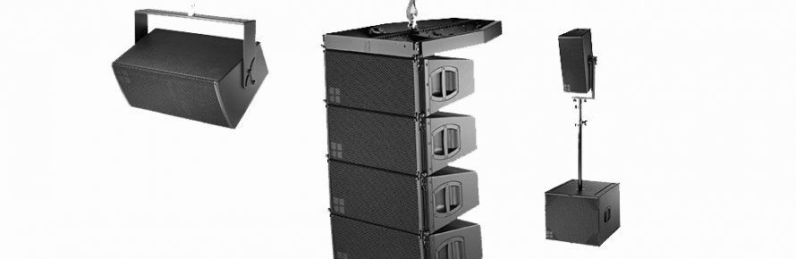 A row of speakers stacked on top of each other on a white background.