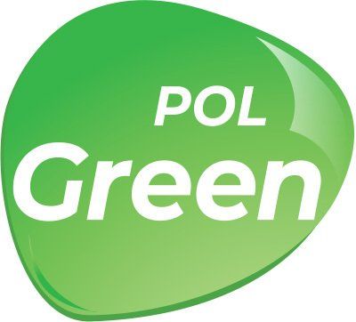 A green and white pol green logo on a white background