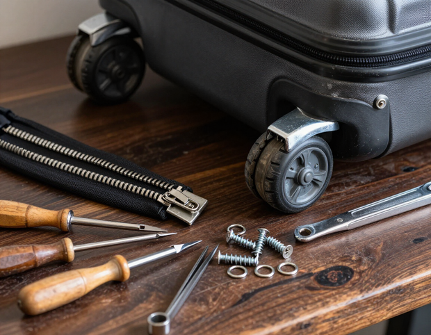 Herramientas y tornillos para reparar ruedas de maletas sobre una mesa de madera