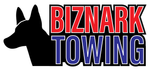 Logo for Biznark Towing: silhouette of a dog next to red and blue text with black outlines.