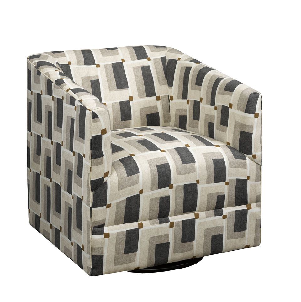 Swivel armchair with a geometric pattern in gray, beige, and black
