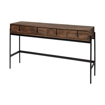 Wooden console table with four drawers and black metal legs.