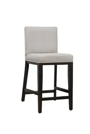 Bar stool with gray upholstered seat and back, dark wooden frame
