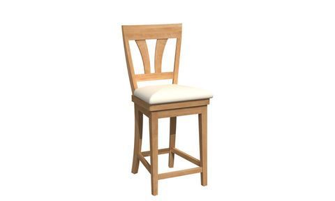 Light wood barstool with a white cushioned seat and decorative back