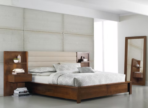 Modern bedroom with a wooden bed frame, upholstered headboard, and attached nightstands.