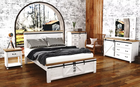 Bedroom set with a white bed, dresser, and nightstand; wood accents, rustic style.