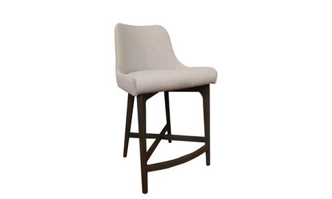 Beige upholstered barstool with dark wooden legs