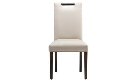 Cream-colored upholstered dining chair with dark wooden legs