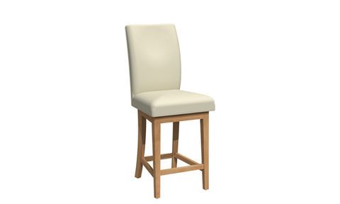 Beige upholstered bar stool with light wood frame