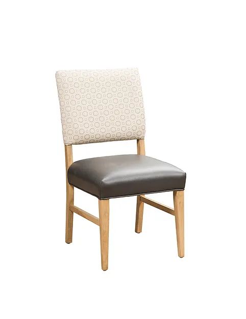 Tan wooden chair with gray seat and patterned beige backrest.