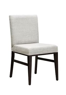 chair with a light gray seat and back, dark brown wooden frame