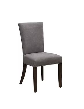 Gray upholstered dining chair with dark wooden legs