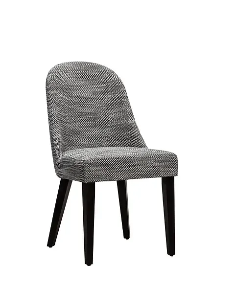 Upholstered chair with gray patterned fabric on black wooden legs