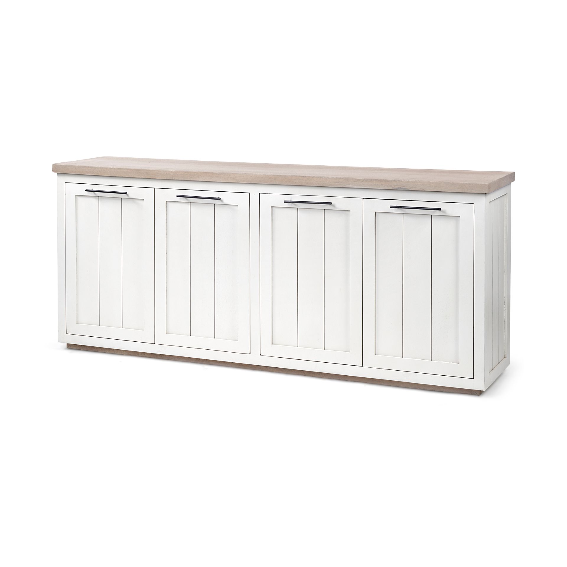 White cabinet with four doors, light wood top and silver handles