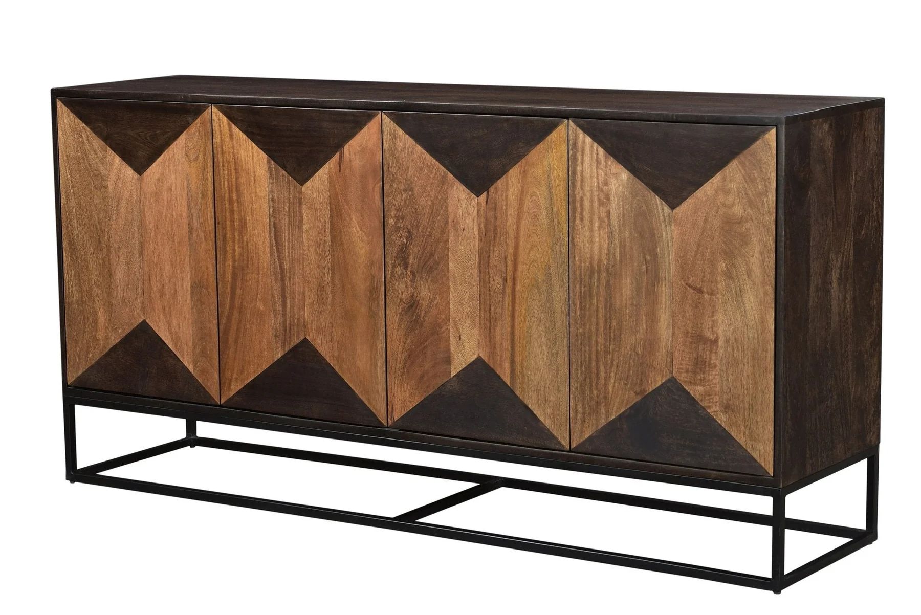 Wooden cabinet with geometric design and black metal base