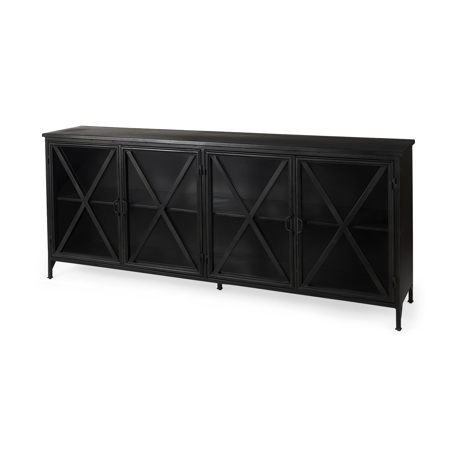 Black metal cabinet with glass doors and x-shaped detailing
