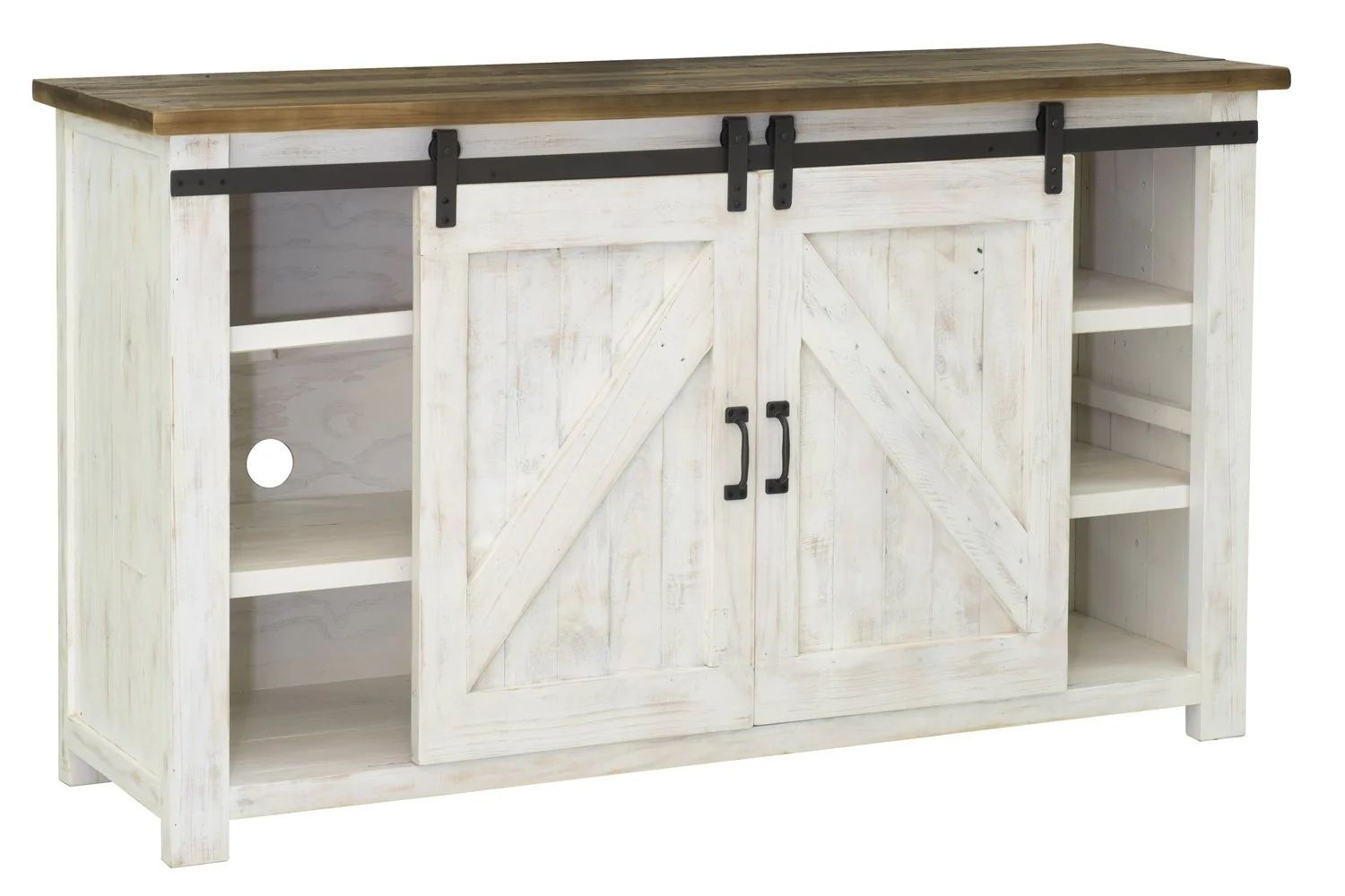 White and brown TV stand with sliding barn doors and open shelves