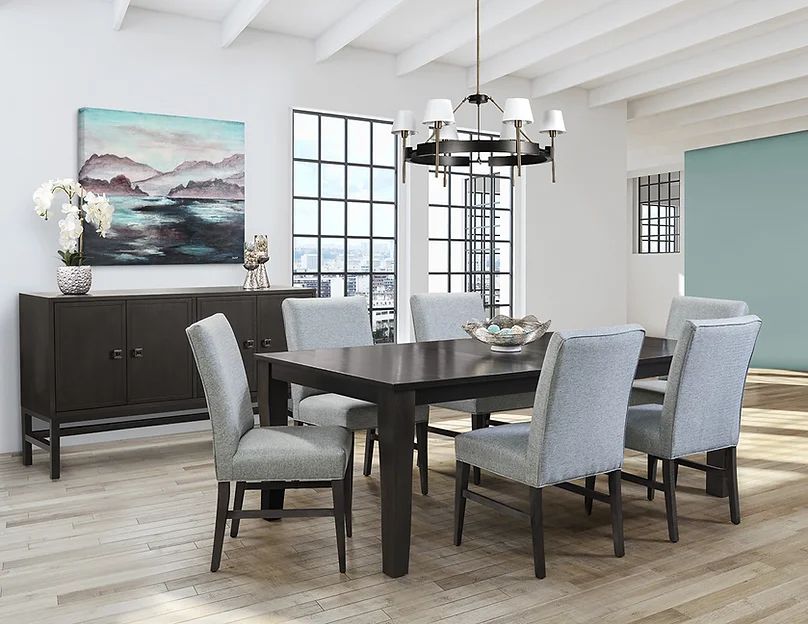 Dining room with dark wood table, grey chairs