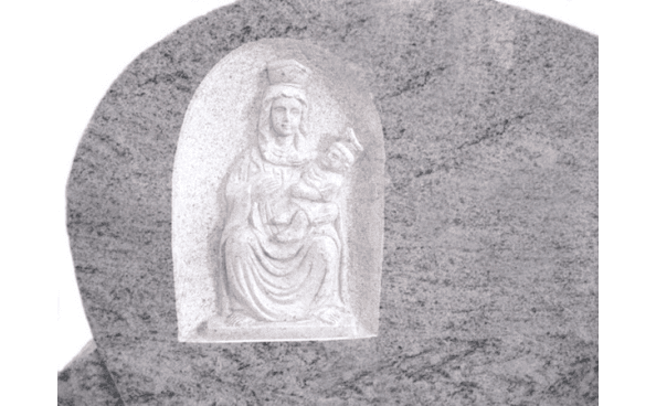 Lapide in marmo con statua religiosa