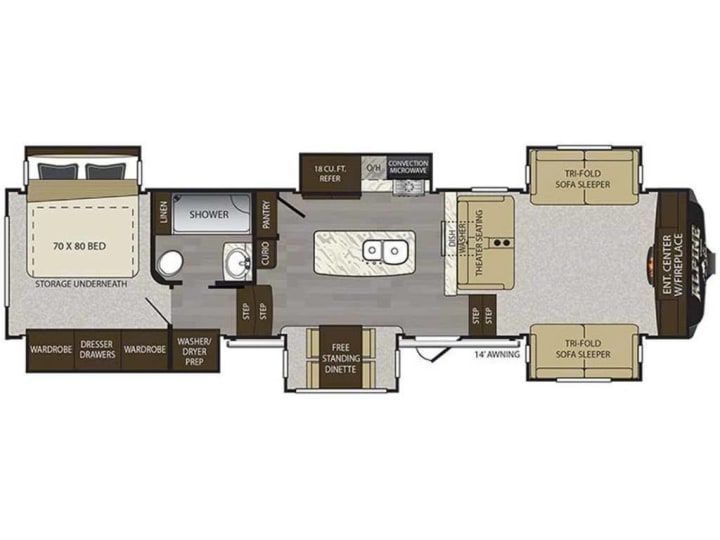 a floor plan of a rv with a bed , kitchen , and bathroom .