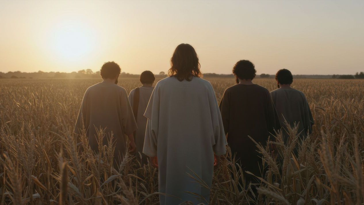 Jesus and his disciples in the harvest fields