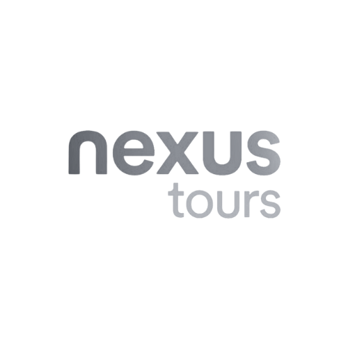 The nexus tours logo is gray and white on a white background.