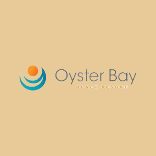 A logo for oyster bay beach resort with a sun in the middle