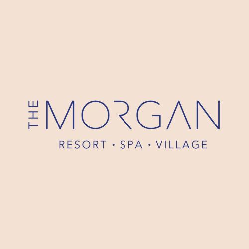 The logo for the morgan resort spa village is on a pink background.