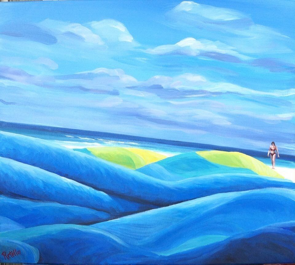 A painting of a woman walking on a beach