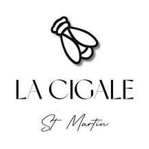 A black and white logo for la cigale st martin with a fly on it.