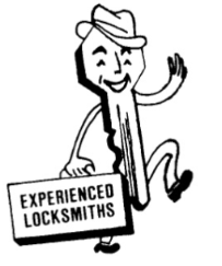 A black and white drawing of a key holding a sign that says experienced locksmiths