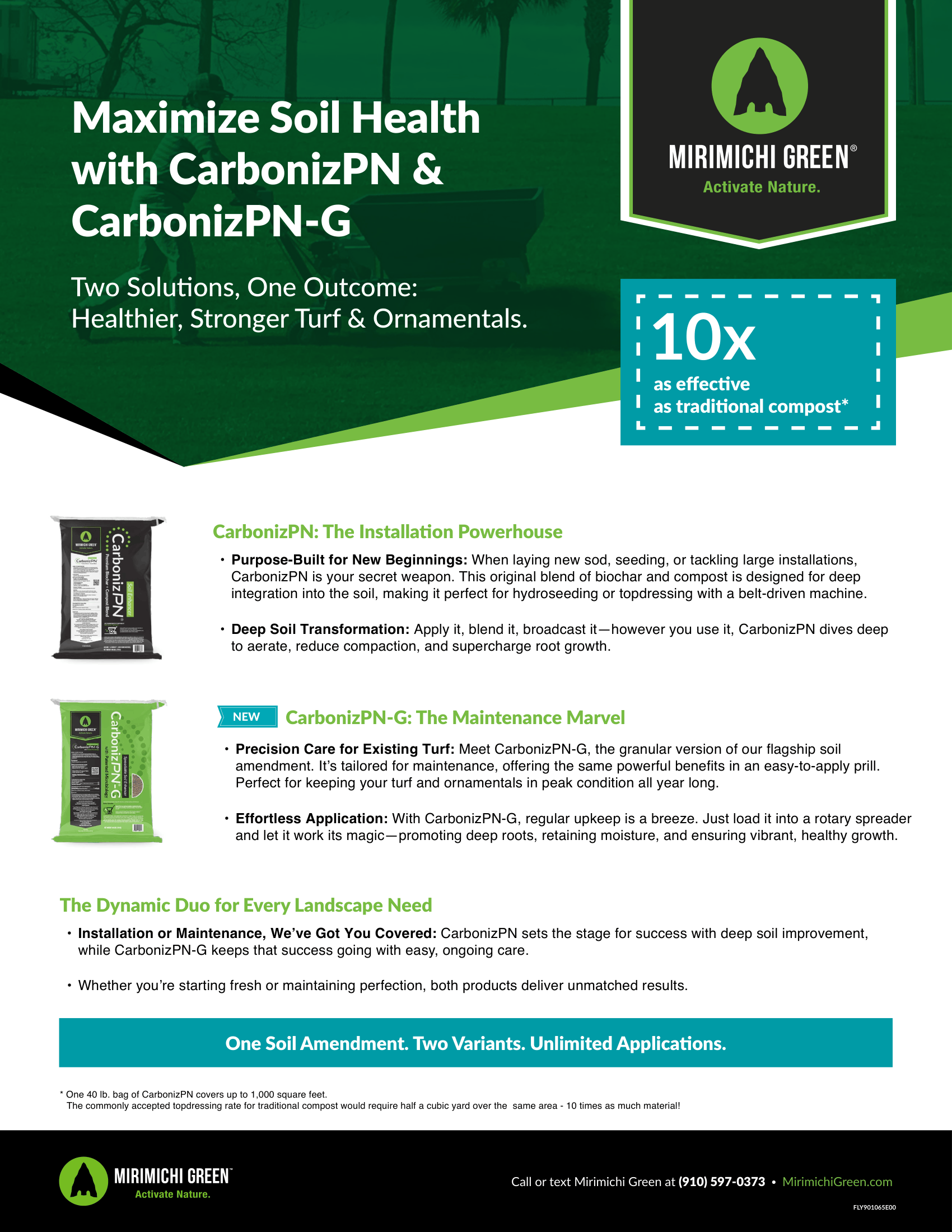 Green promotional flyer for CarbonizPN-G and CarbonizPN-GT with product images and “10x” soil health claim