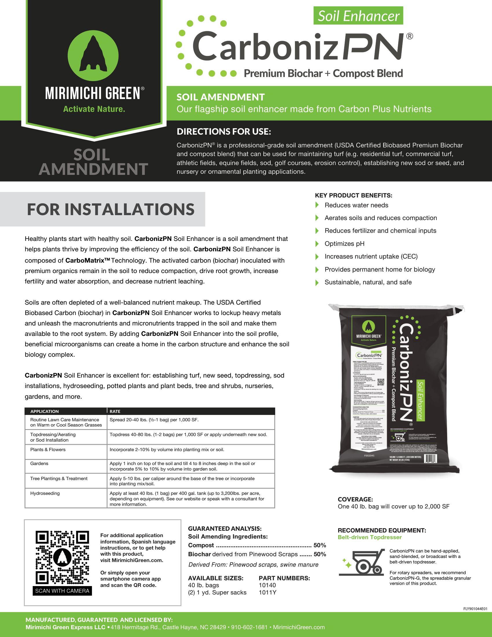 CarbonizPN soil amendment label with product info, directions, and a black-and-green bag image
