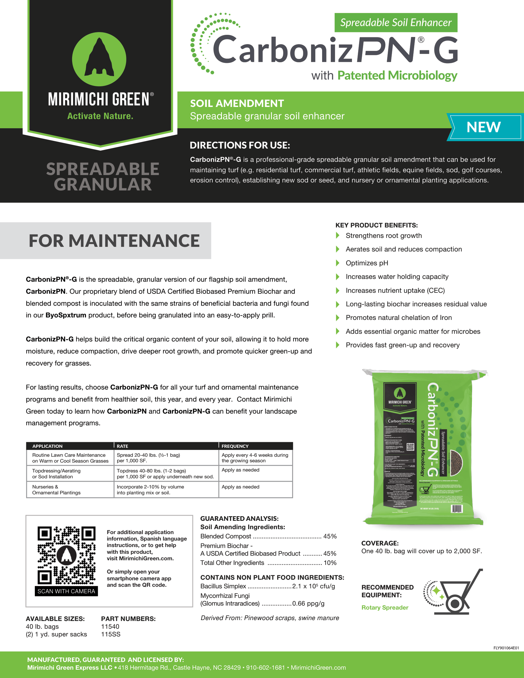 CarbonizPN-G fertilizer product label, green-and-black bag with usage instructions and maintenance tips