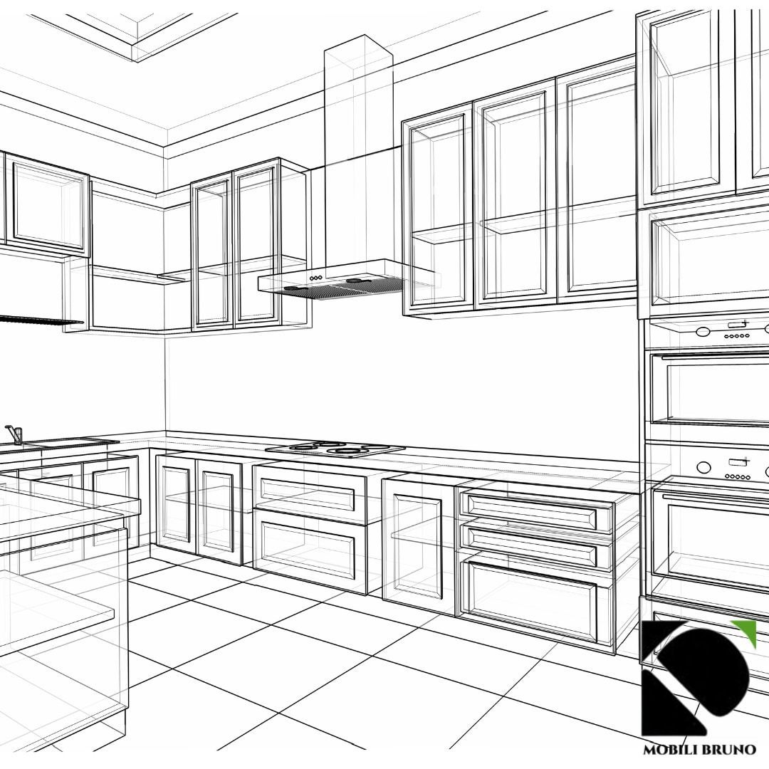 Schizzo di progettazione della cucina con mobili, isola e pavimento piastrellato.