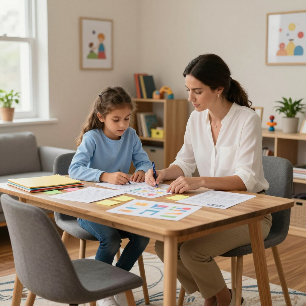 An adult and a child sit at a table in a brightly lit room, working together on educational papers with pens.