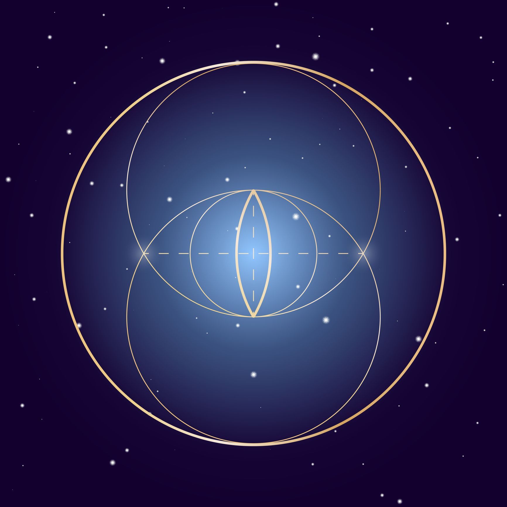 Geometric golden circles and ovals over a blue, starry background.