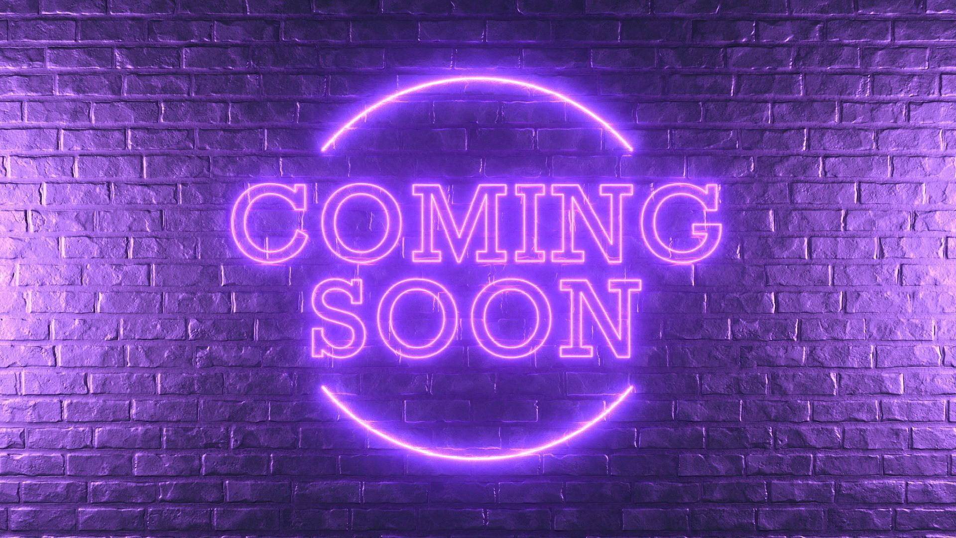 Purple neon COMING SOON text inside a circle on a brick wall.