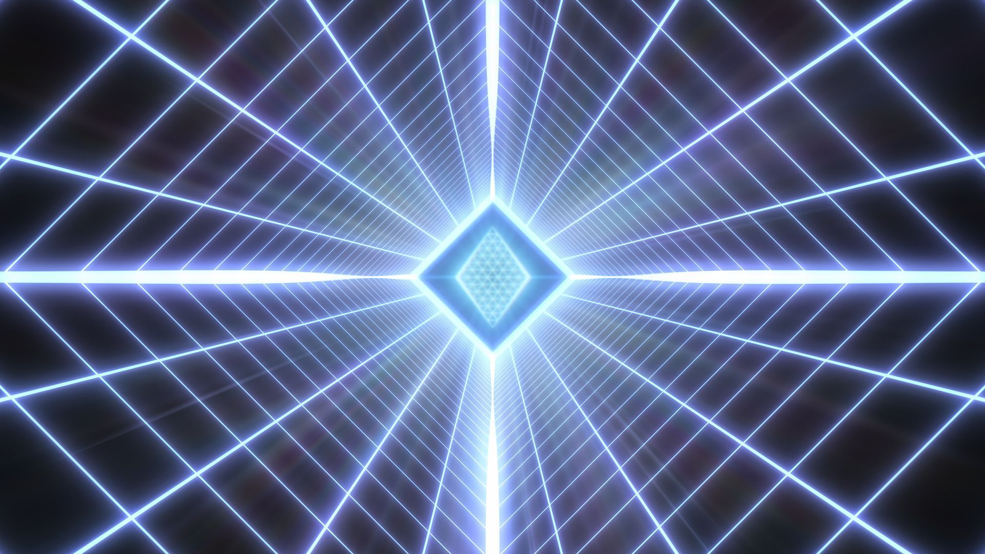 Blue neon grid tunnel with diamond-shaped center, perspective view.