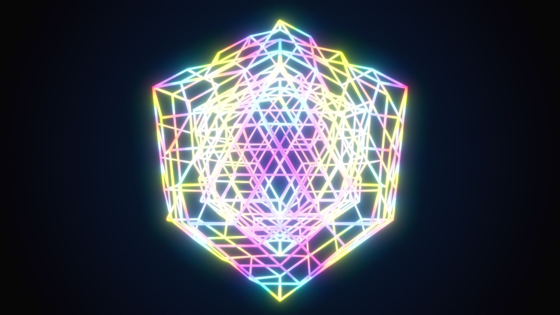 Glowing geometric structure in rainbow colors against a dark background.