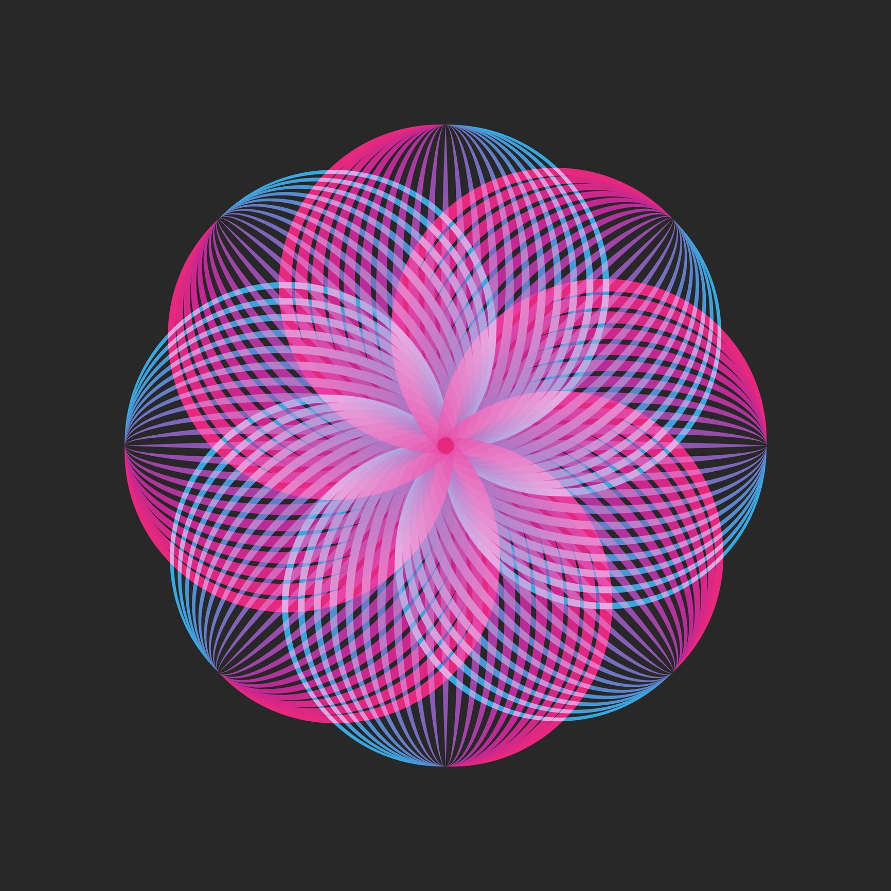 Pink and blue geometric flower design on a dark background.